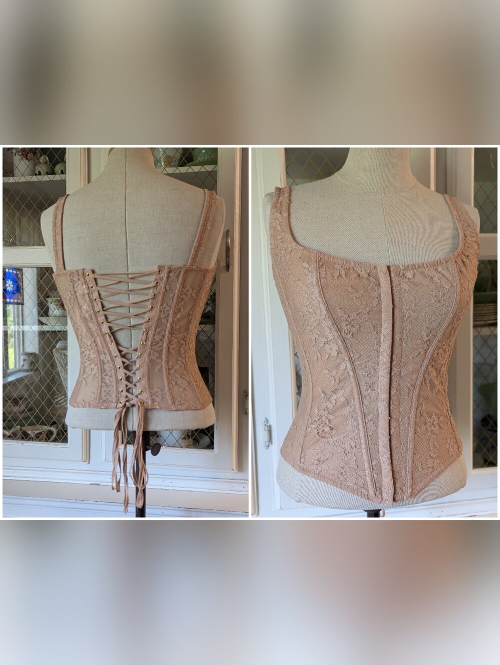 🩷🆕VS The Classic Corset Praline Lace Fitted Top with Lace-Up Back Gold Bodycon - Picture 3 of 16